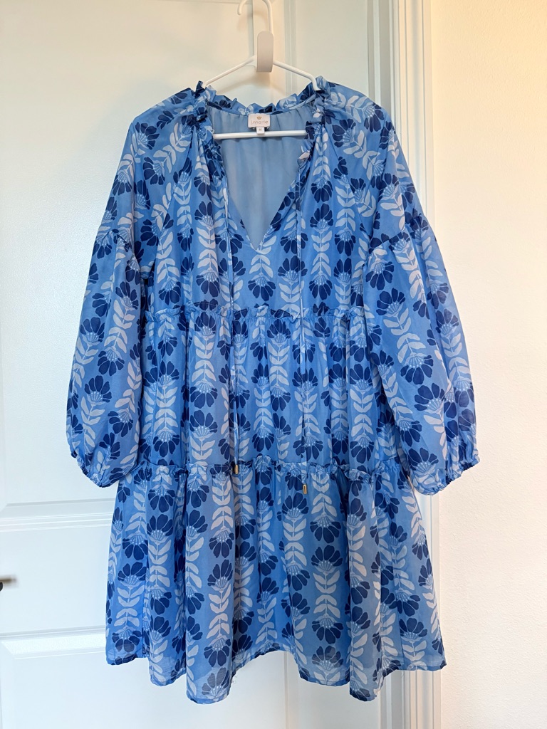 Blue Floral Tiered V-Neck Women's Dress